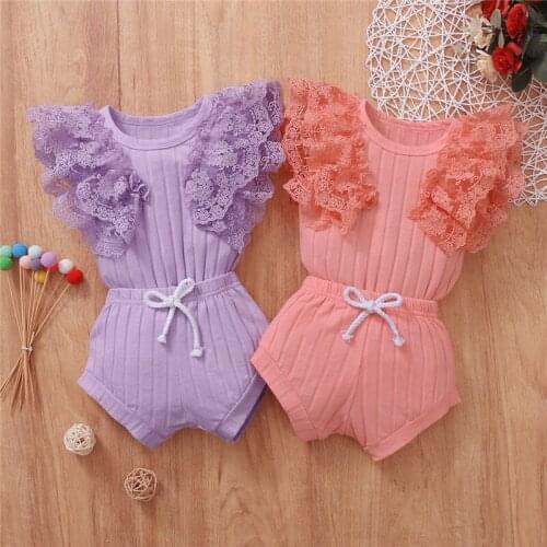 Newborn Baby Girl Infant Jumpsuit Playsuits One Piece Rompers Toddler Clothes Fresh Lace Stitching Fly Sleeve Cotton Outfits