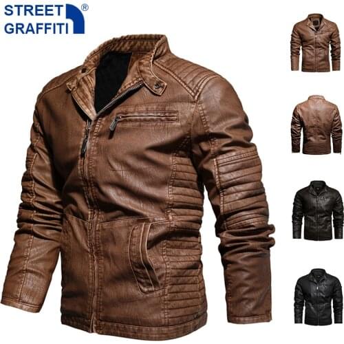Men’s Motorcycle Jacket 2021 Autumn Winter Men New Faux PU Leather Jackets Casual Embroidery Biker Coat Zipper Fleece Jacket