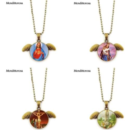 Mendittorosa Religion Pilgrimage Jesus Jewelry Glass Bronze Angel Wings Pendants Necklace Bijouterie