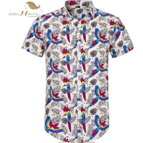 SISHION Short Sleeve Men Shirt Parrot Palm Print Summer Beach Hawaiian Shirt Plus Size Floral Shirts Men Casual Holiday Clothing