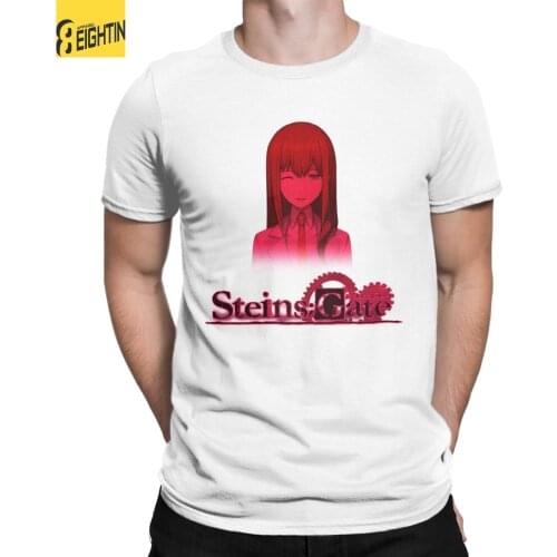 Men T-Shirts Steins Gate Kurisu Makise Anime Vintage Pure Cotton Tee Shirt Short Sleeve RED ALERT T Shirt Crewneck Clothes Gift