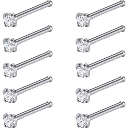 ZS Nose Piercing Ring Set 18G Stainless Steel Nose Studs 10pcs Straight Shape Nose Rings For Women Men Nose Piercing Jewelry