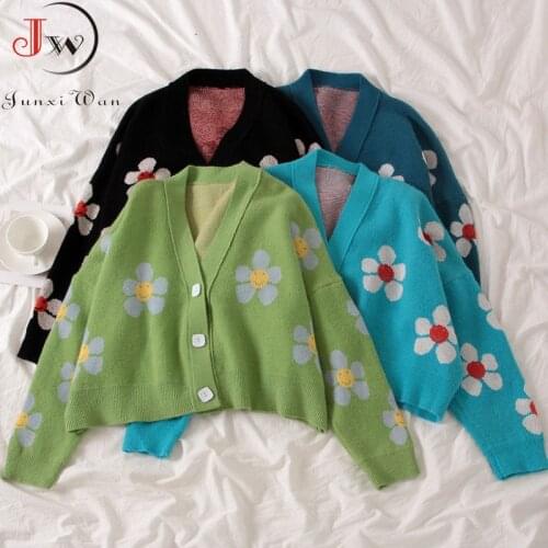 Autumn Winter Elegant Flower Knitted Sweater Women V Neck Loose Thick Pull Femme Short Casual Coat Cardigan