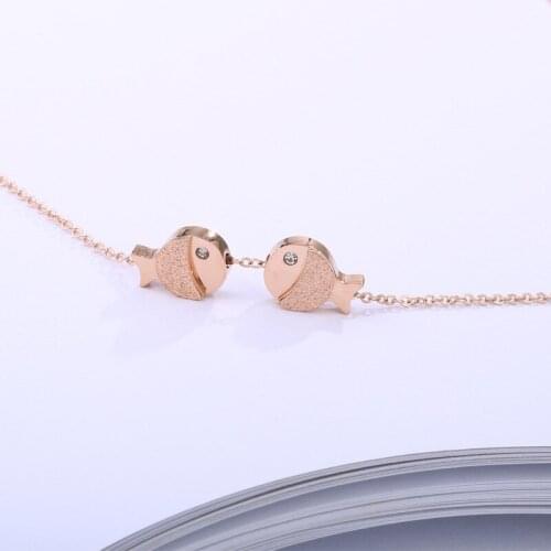 Rose gold color stainless steel cute double scrub fish necklaces for women, fashion crystal necklaces & pendants jewelry colar