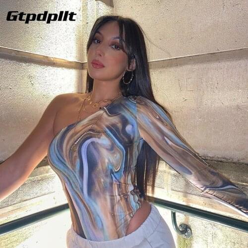Gtpdpllt Sexy Tie-Dye Print Bodysuit Long Sleeve Rompers One Shoulder Tops Womens Jumpsuits Bodys Para Mujer Combinaison Femme