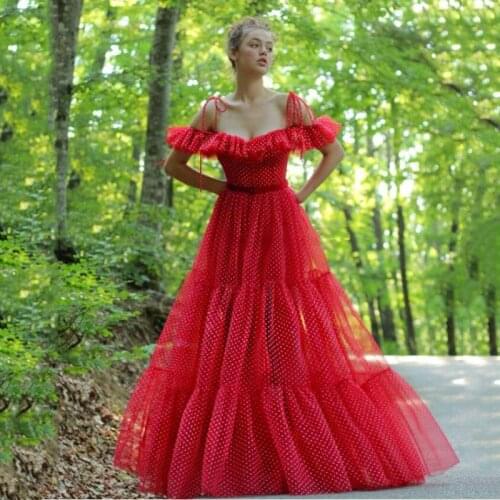SoDigne 2021 Red Polka Dots Tulle A Line Evening Dress Spaghetti Straps Tied Off The Dress Long Party Prom Dresses