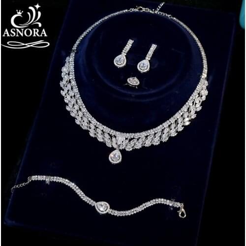 ASNORA 4 Pcs Luxury Silver Jewelry Set Women Africa CZ Wedding Cubic Zircon Dubai Bridal Jewelry