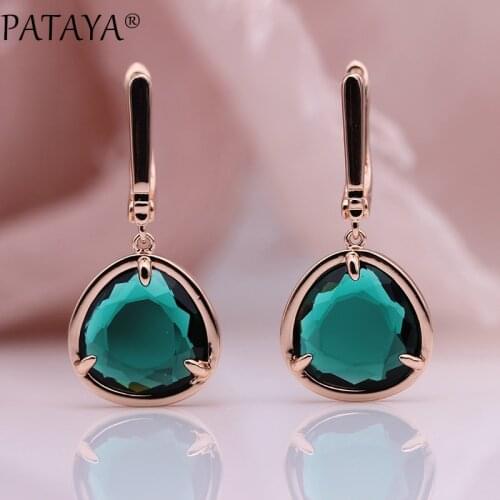 PATAYA New Triangle Long Earrings Women Simple Green Fashion Jewelry 585 Rose Gold Candy Colors Unique Zircon Dangle Earrings