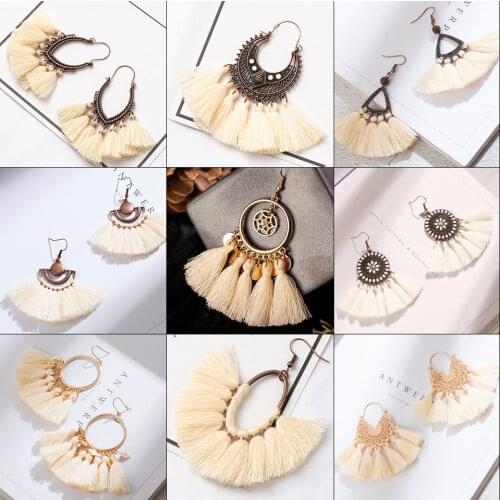 Bohemian Tassel Earrings For Women Long Creamy White Fringe Statement Geometric Dangle Earrings Fashion Trendy Vintage Jewelry