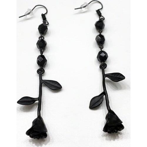 Rose Beaded Earrings Rosary Chain Inverted Black Rose Dangle Drop Earrings