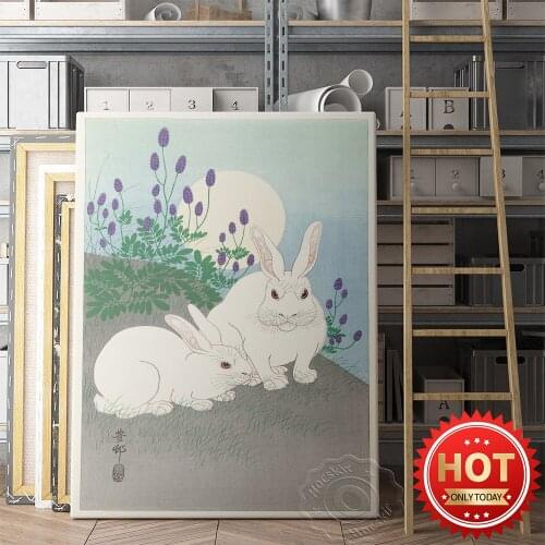 Modern Poster Flower Plants, Japan White Rabbit Wall Art Print Canvas Painting, Full Moon Rabbits Poster Kid Room Decor Gift