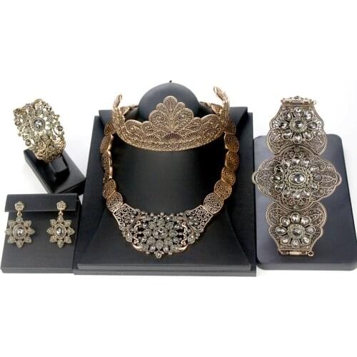 Sunspicems 5pcs Vintage Crystal Morocco Wedding Jewelry Sets Retro Gold Color Earring Necklace Bangle Crown Belt Bridal Bijoux