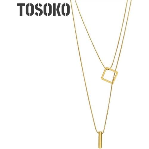 TOSOKO Stainless Steel Jewelry Square Long Double-Layer Sweater Chain Multi-Layer Folding Fashion Necklace For Women BSP770