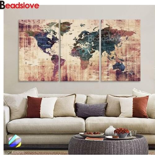 Hallway decoration 3 Pieces Classic World Famous Map diamond Painting Modular mosaic rhinestone Pictures diamond embroidery