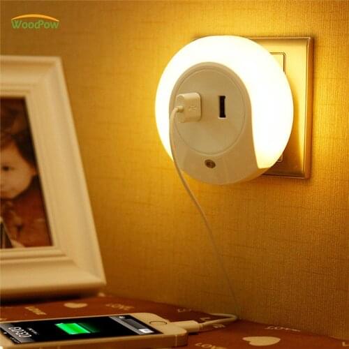 WoodPow LED Night Light Sensor 2 USB Charging Socket Mobile Phone Charger EU US Plug 0.5W Night Lamp With Switch For Childrens