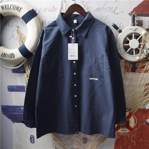 Japan Style Mori Girl Letter Embroidery Double Pocket Shirt Women Loose Long Sleeve Turndown Collar Blouse