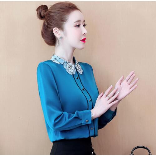 Women Blouse Long Sleeve Autumn Embroidery Collar Loose Top Satin Women Blusas Ropa De Mujer