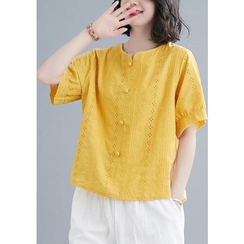 High Quality Women Cotton Linen Casual T-shirts New 2021 Summer Vintage Embroidery Solid Color Loose Female Tops Tees B286