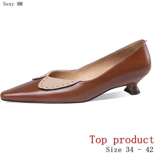 Women Med Heels Pumps Med Heel Shoes Woman Party Shoes Kitten Heels Genuine Leather Small Plus Size 34 -40 41 42