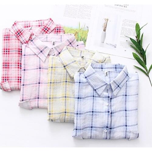 Women Chiffon Blouse Full Sleeve Sun Protection Tops Summer Plaid Print Thin Shirt Blouse