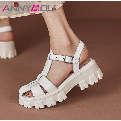 ANNYMOLIGladiator Shoes Women Genuine Leather Sandals Platform High Heel Sandals Round Toe Chunky Ladies Footwear Summer 34-43