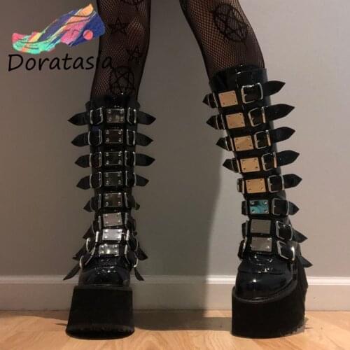 DORATASIA INS Women Boots Solid Buckle Zipper Mid Calf Platform Boots For Women 2021 Thick Bottom Cool Goth Fashion Women Shoes