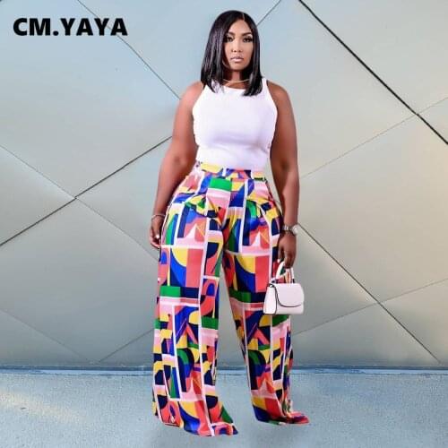 CM.YAYA Women Plus Size Pants Print Mid Waist Loose Wide Leg Long Maxi Pants Fashion High Streetwear Summer Trousers 2021
