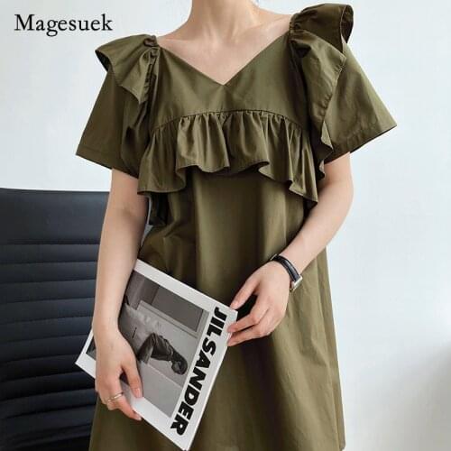 2021 Korean Summer Fashion Dress V-neck Solid Ruffle Slim Dress for Women Retro Elegant Office Lady Dress Vestido Robe 15559