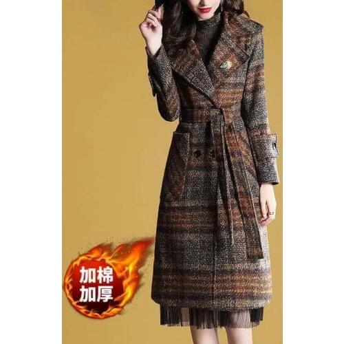 2021 New Autumn Winter Plaid Woolen Coat Mid-Length Belt Woolen Windbreakers Large Size 4XL Fashion Woman Overcoat Outerwear