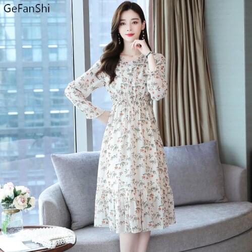 2021 New Womens Autumn Bohemian Floral V-Neck Chiffon Long Sleeve Dress Fashion Casual Elegant Midi Dresses Girls