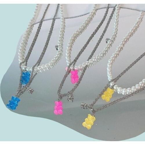 Y2K Jewelry 2pc Candy Colors Pearl Bear Necklace for Women Harajuku Cute Fashion Vintage Necklace Charm 90s Aesthetic Gifts New