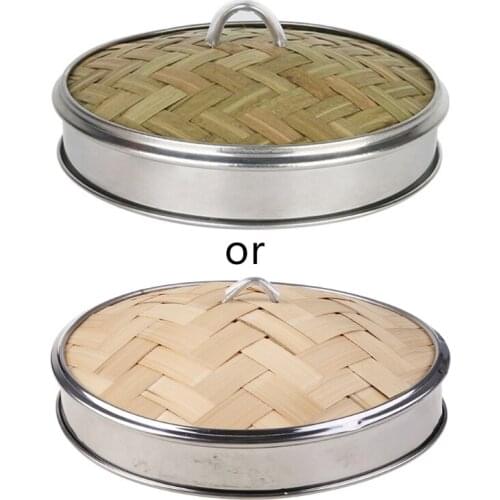 R7RC 1Pc Woven Bamboo Lid Cover with Stainless Steel Banding Handle for buns Dim Sum Food Steamer Kitchen Dumplings Steaming