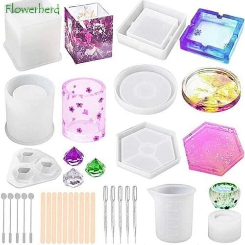 3/10/16/18/20/28Pack Epoxy Resin Molds Pendant Cube Silicone Mould DIY Measuring Cup Stirring Wooden Stick Cake Making Tools
