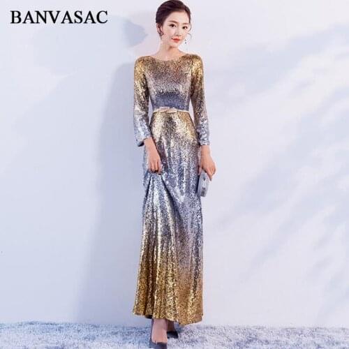 BANVASAC O Neck Metal Leaf Sash Mermaid Long Evening Dresses Elegant Sequined Long Sleeve Backless Party Prom Gowns