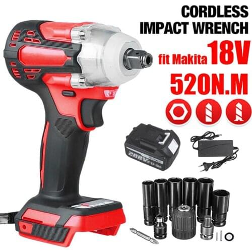1/2 Cordless 520Nm Electric Impact Wrench Power Tool + Wrench Socket Set Brushless Screwdriver Compatible For Makita 18V Battery