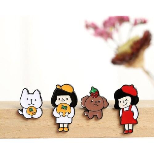 Cute Orange Girl Cat Dog Brooches For Women Men Fashion Japanese Style Animal Lapel Badge Pins Clothes Bag Jewelry Gifts