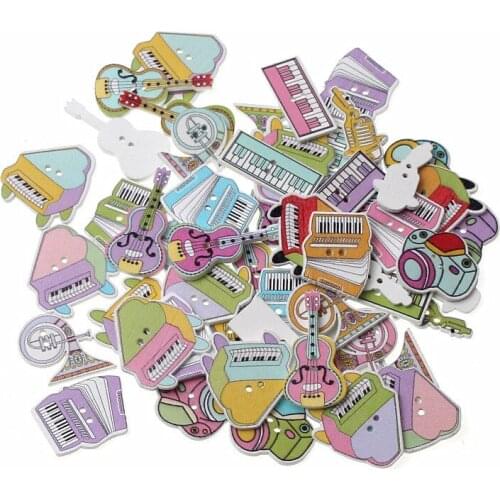 50pcs Mixed Music Equipment Wooden Buttons For Clothing Sewing Crafts Scrapbooking Diy Accessories Decorativos Botones