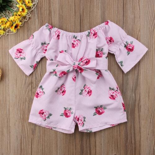 Princess Kids Baby Girl Clothes Flower Romper Off Shoulder Bow Jumpsuit Sunsuit Summer Playsuit Clothes 1-5Y