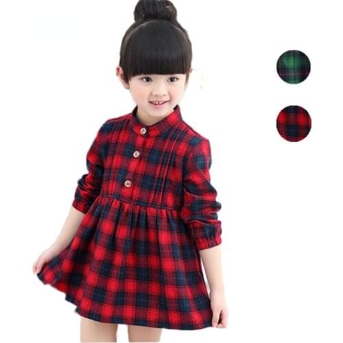 Kids Spring Cotton Plaid Long-sleeved Dresses for Girls Children Princess Dress Red/green Costumes for Girls School Dress