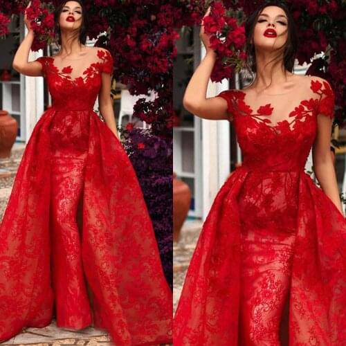 SuperKimJo Red Lace Applique Evening Dresses Long Detachable Skirt Elegant Short Sleeve Evening Gown Vestido De Festa De Longo