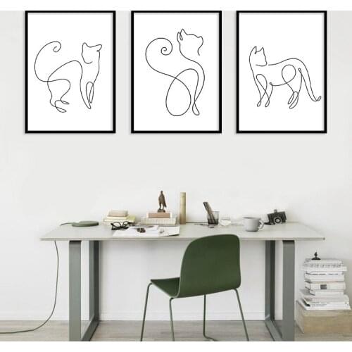 Nordic Minimalist Black and White Line Cat Animal Canvas Painting Home Decoration Hanging Painting Frameless Wall Art Kitchen