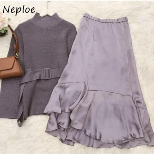 Neploe Fashion Simple Suit Half High Collar Chic Drawstring Slim Waist Women Sweater Elegant Irregular Design Skirts 2 Piece Set