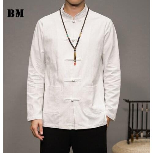 Chinese Style Spring Autumn Cotton Linen Stand Collar Shirt 2021 Plus Size Long Sleeve Hanfu Men Clothing Black Tang Suit