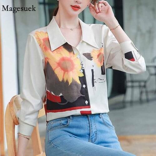 Office Lady Vintage Sunflower Oil Painting Print Chiffon Blouse Cotton and Linen Woman Shirt 2020 Autumn Women Thin Tops 10647
