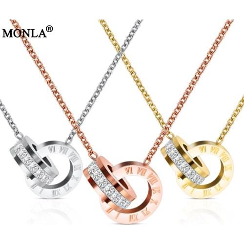 OL Rome number Zirconia Double circle necklaces chain for women Rose Gold & silver Color Stainless Steel pendant necklace