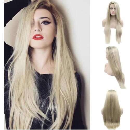 Ombre Blonde Hair with Dark Roots Lace Front Wigs Straight Side Part Synthetic Heat Resistant Fiber Replacement Wig For Women