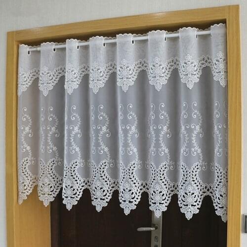 Half-curtain White Flower Embroidered Wear Curtain Window Valance Lace Hem Coffee Curtain for Kitchen Cabinet Door