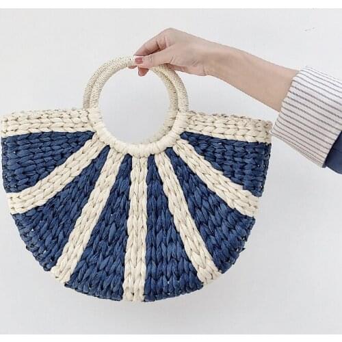 Casual Half Moon Rattan Women Handbags Wicker Woven Striped Hand Bags Summer Beach Straw Basket Bag Large Capacity Tote 2021