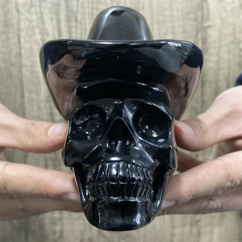 Natural obsidian stone carving cap skull quartz crystal reiki decoration