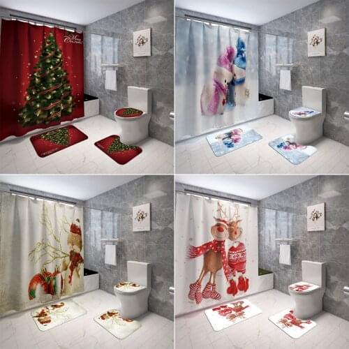Merry Christmas Shower Curtains Snowman Elk Non-Slip Rug Toilet Seat Cover Bath Mats Set Holiday Decoration Bathroom Decor